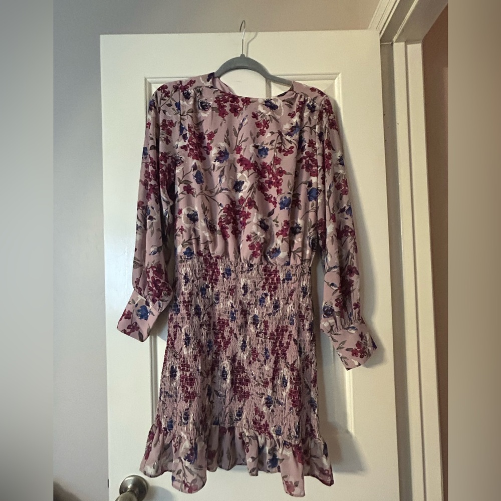 Code X Mode Mauve Floral Long Sleeve Dress Smocked Bodice L Chiffon NWOT